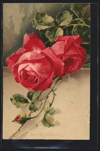 Künstler-AK Catharina Klein: Rote Rosen mit Knospe