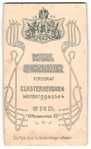 Fotografie Karl Schneider, Klosterneuburg, Weinberggasse 4, Monogramm des Fotografen im königlichen Wappen