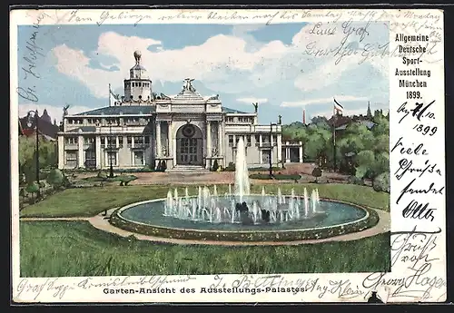 AK München, Allgemeine Deutsche Sport-Ausstellung 1899, Gartenansicht des Ausstellungs-Palastes