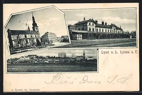 AK Lissa / Lysa, Bahnhof, Kirche und Gesamtansicht