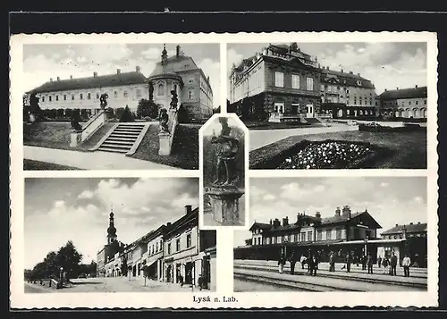 AK Lysá n. Lab., Blick auf Bahnhof und Denkmal