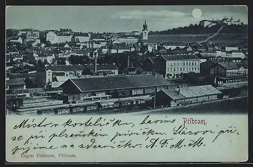 Mondschein-AK Príbram, Blick auf den Bahnhof bei Vollmond