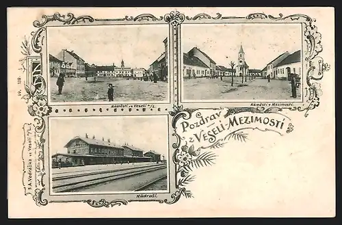 AK Veseli-Mezimosti, Blick auf Bahnhof, Strassenpartie mit Kirche