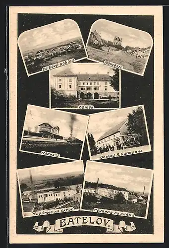 AK Batelov, Nádrazi, Celkový pohled, Námesti, Obchod B. Gutmanna