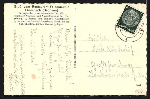 AK Ebersbach /Sa., Restaurant Felsenmühle im Winter, 