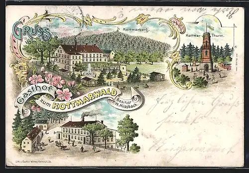 Lithographie Eibau, Gasthof Zum Kottmarwald, Kottmarturm, Kottmarberg