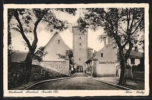 AK Karlsruhe-Durlach, Basler Tor mit Gärtnerei Ph. H. Meier