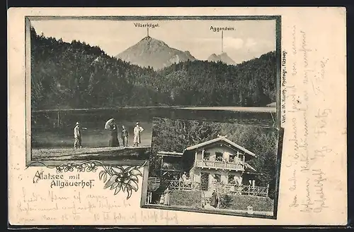 AK Alatsee bei Füssen, Gasthaus Allgäuerhof J. Holdenried, Seepartie mit Vilserkögel und Aggstein