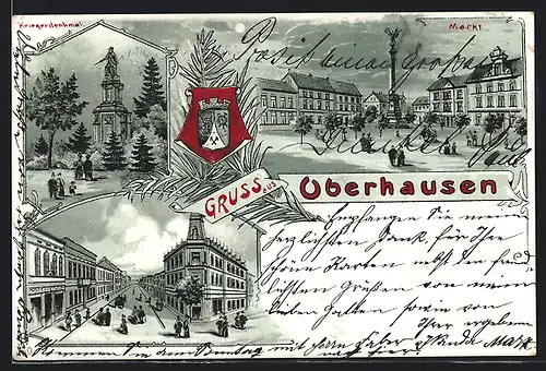 Mondschein-Lithographie Oberhausen, Strassenpartie, Markt, Kriegerdenkmal, Wappen
