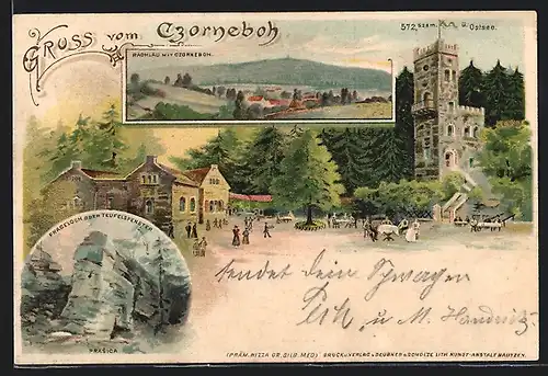 Lithographie Czorneboh, Frageloch oder Teufelsfenster, Gasthaus