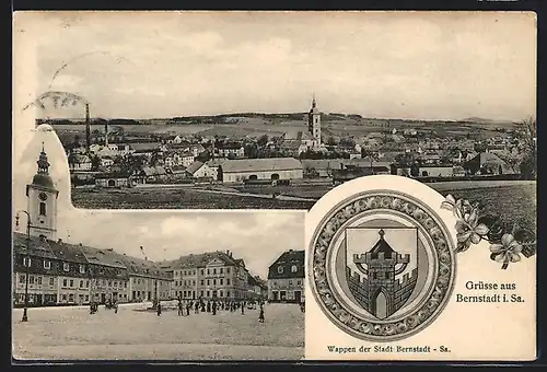 AK Bernstadt /Sa., Marktplatz mit Säulendenkmal und Uhrenturm, Stadtwappen, Gesamtansicht
