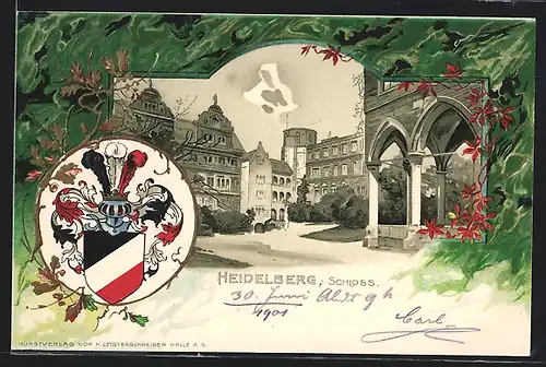 Passepartout-Lithographie Heidelberg, Schloss mit Stadtwappen