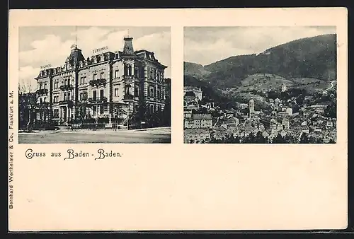 AK Baden-Baden, Hotel Terminus mit Strasse, Ortsansicht mit Bergblick