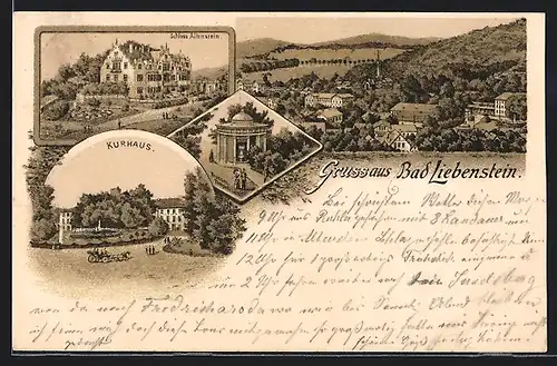Lithographie Bad Liebenstein, Kurhaus, Schlosss Altenstein, Ortsansicht aus der Vogelschau