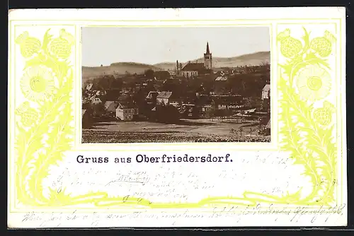 AK Oberfriedersdorf, Ortsansicht mit Feldern und Bergblick, Ornamente