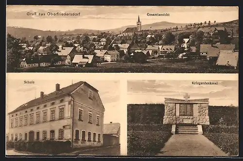 AK Oberfriedersdorf, Gesamtansicht, Schule, Kriegerdenkmal