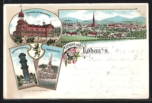 Lithographie Löbau, Totalansicht, Restauration zum Honigbrunnen, Siegesdenkmal