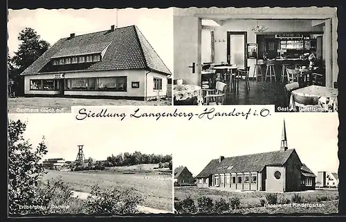 AK Handorf i. O., Siedlung Langenberg, Erzbergbau-Damme, Gasthaus Glück auf H. Frilling, Kapelle mit Kindergarten