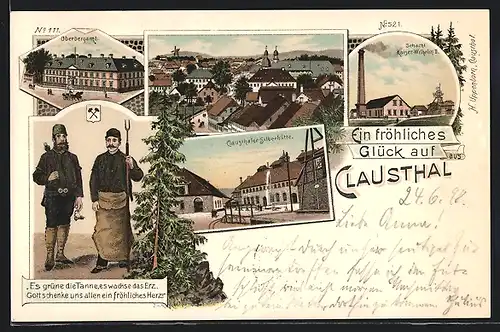 Lithographie Clausthal, Schacht Kaiser Wilhelm II., Oberbergamt, Clausthaler Silberhütte