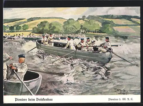 Künstler-AK Döbrich-Steglitz: Pioniere beim Brückenbau