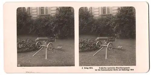 Stereo-Fotografie Ansicht Berlin, Erobertes russisches Maschinengewehr vor der Kommandantur Berlin am Sedantage 1914