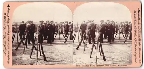 Stereo-Fotografie Keystone View Company, Meadville /Pa, Ansicht Port Arthur /Manchuria, Russian Naval Infantry