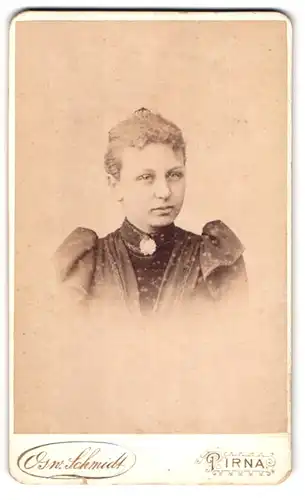 Fotografie Osw. Schmidt, Pirna, Grohmannstrasse Ecke Jakobäerstrasse, Portrait junge Dame mit Kragenbrosche