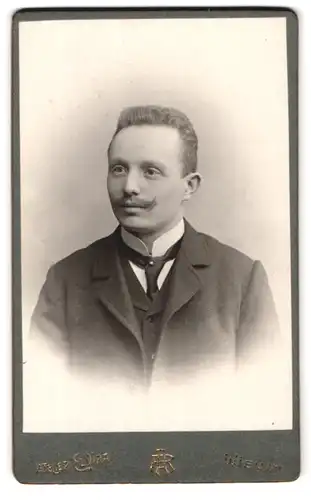 Fotografie A. Reiss, Wien, Neubaugasse 45, Portrait junger Mann im Anzug mit Krawatte und Schnurrbart