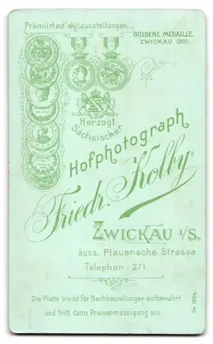 Fotografie Friedr. Kolby, Zwickau i.S., Plauensche Strasse, Frauenportrait mit Hochsteckfrisur, Rüschenbluse