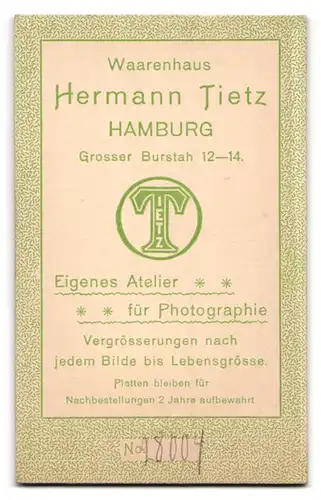 Fotografie Hermann Tietz, Hamburg, Gr. Burstah 12-14, Portrait junge Dame mit zusammengebundenem Haar