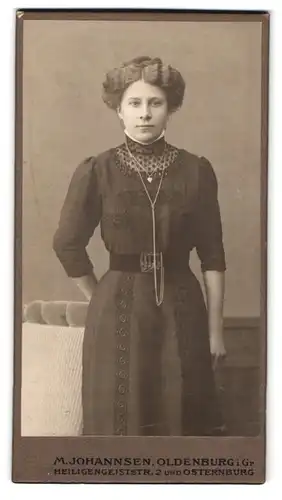 Fotografie M. Johannsen, Oldenburg i. Gr., Heiligengeiststrasse 2, Junge Dame in besticktem Kleid