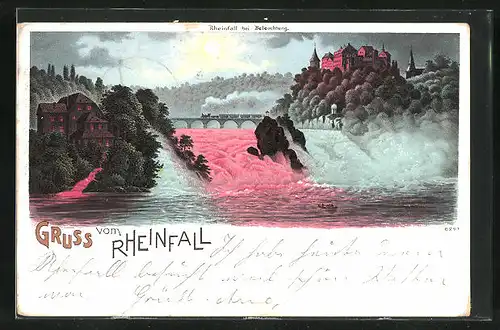 Lithographie Rheinfall mit Schloss Laufen bei Nacht
