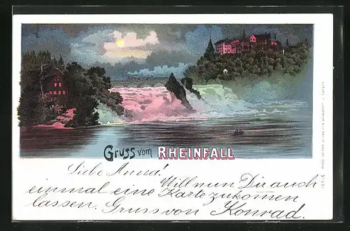 Lithographie Rheinfall bei Nacht, Wasserfall