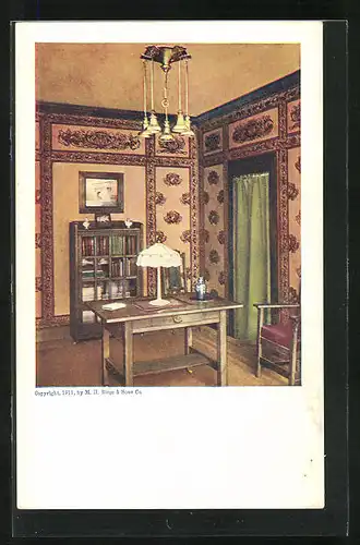 AK Biedermeier Zimmer mit Tisch und Bücherschrank