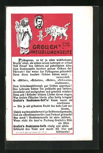 AK Pythagoras es ist ja allen wohlbekannt..., Mann mit einem Ochsen und Frau, Reklame für Grolich`s Heublumenseife