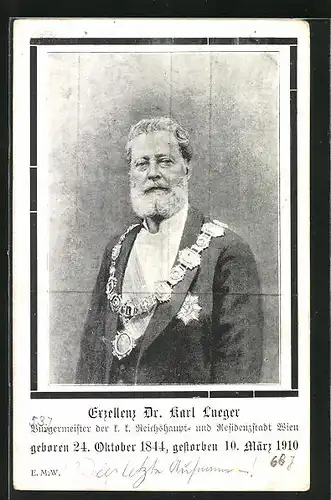 AK Porträt Bürgermeister Carl Lueger mit Amtskette, gestorben 10. März 1910