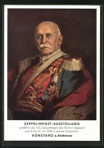 AK Konstanz am Bodensee, Zeppelinpost-Ausstellung zum 100. Geburtstages von Graf Zeppelin, Porträt Graf Zeppelin