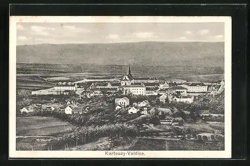 AK Kartouzy-Valdice, Ortsansicht aus der Vogelschau