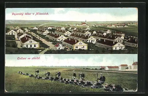 AK Milovice, Blick auf die Baracken des Truppenübungsplatzes, Soldaten bei der Übung