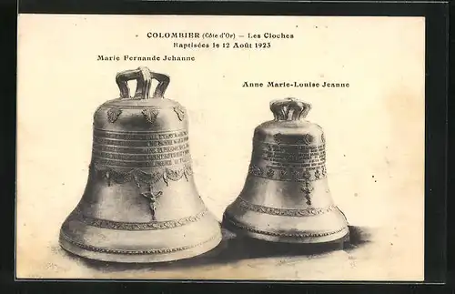 AK Colombier, Les Cloches, Raptisèes le 12 Aout 1923 - Marie Fernande Jehanne, Anne Marie-Louise Jeanne