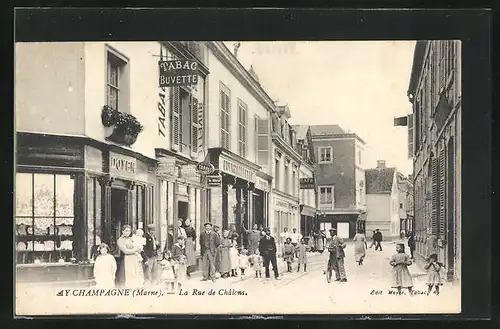 AK Ay-Champagne, La Rue de Châlons, Tabac Buvette