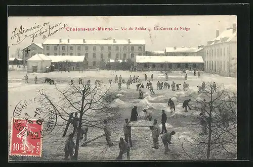 AK Chalons-sur-Marne, Vie du Soldat, La Corvée de Neige