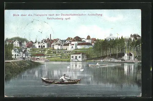 AK Reichenberg, Deutschböhmische Ausstellung 1906, Blick über die Talsperre zur Ausstellung