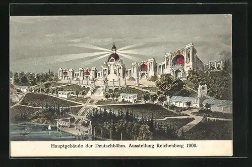 AK Reichenberg, Deutschböhmische Ausstellung 1906, Blick auf den Park und das Hauptgebäude