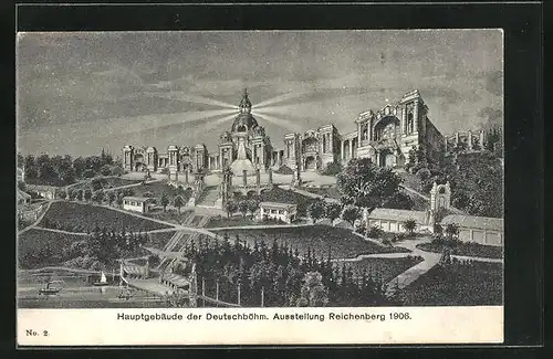 AK Reichenberg, Deutschböhmische Ausstellung 1906, das Hauptgebäude über dem Park