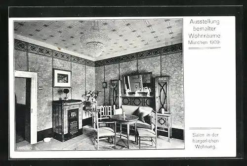 AK München, Ausstellung bemalter Wohnräume 1909, Salon in der bürgerlichen Wohnung