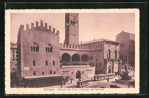 AK Bologna, Palazzo Re Enzo e Fontana del Nettuno, Strassenbahn
