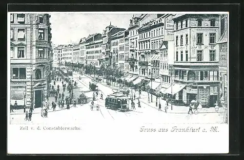 AK Frankfurt a. M., Zeil mit Geschäften und Strassenbahn von der Constablerwache