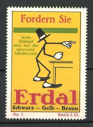 Reklamemarke Erdal sparsame Schuhcreme, Serie 1-10, No. 7, Figur mit Hut am Tisch stehend