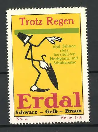 Reklamemarke Erdal Schuhcreme, Serie 1-10, No. 2, Figur mit Hut und Regenschirm